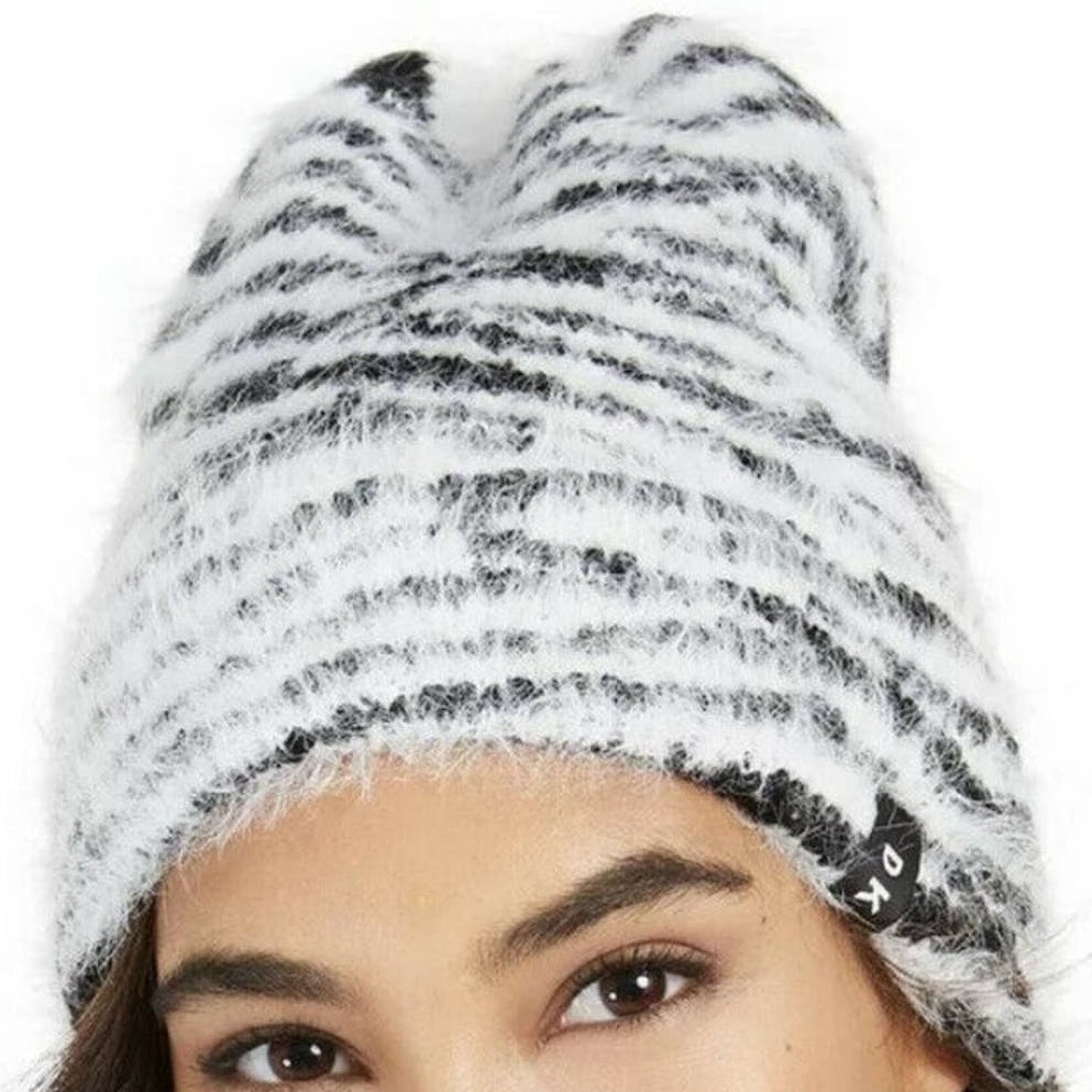 DKNY Fuzzy Animal Print Beanie Winter Hat New ZEBRA striped ONE SIZE warmer NEW