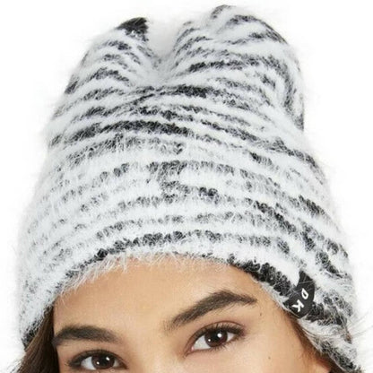 DKNY Fuzzy Animal Print Beanie Winter Hat New ZEBRA striped ONE SIZE warmer NEW