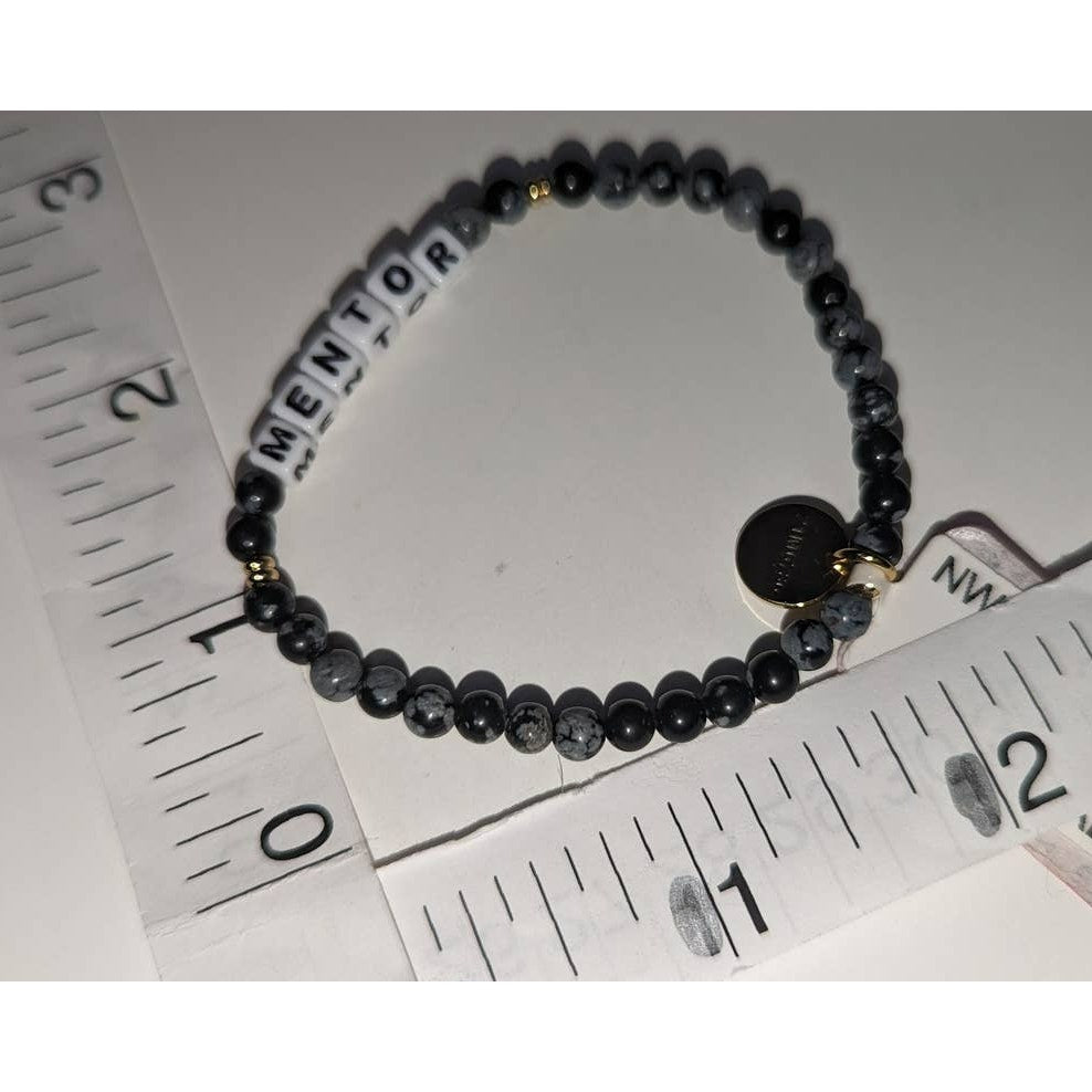 Little Words Project Black Gray Snowflake Stone Beaded Bracelet "MENTOR" Letters