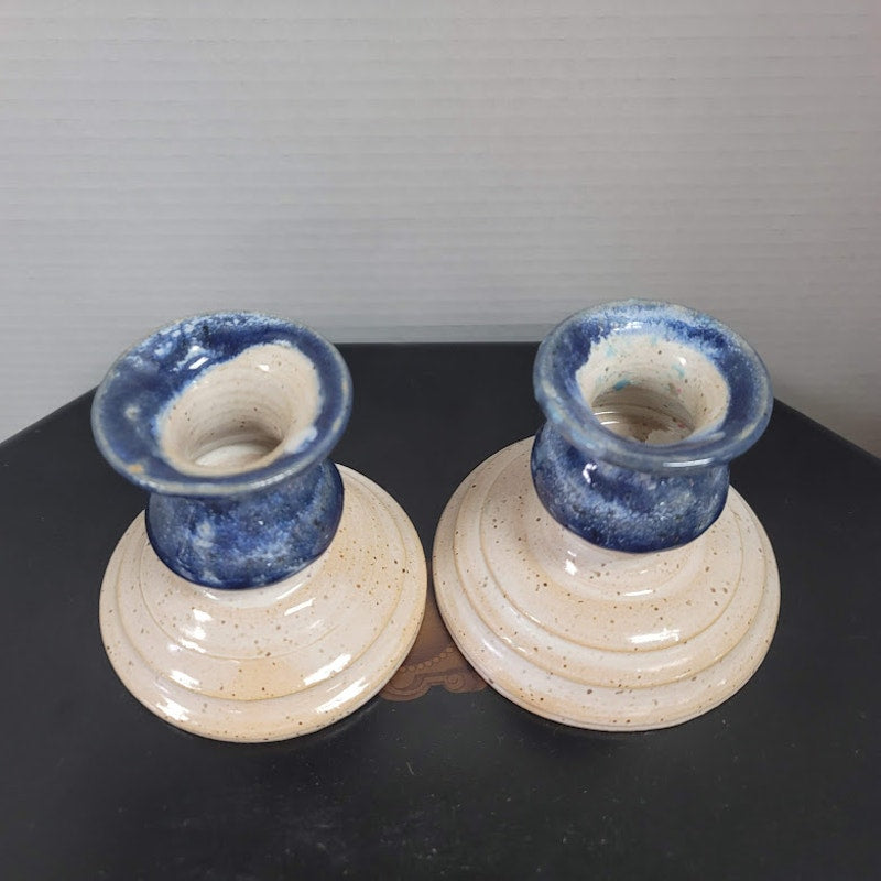 Vintage Handmade Blue Drip Glaze Candlestick Holders – Set of 2