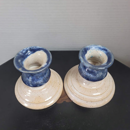 Vintage Handmade Blue Drip Glaze Candlestick Holders – Set of 2