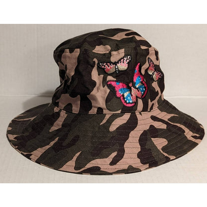 Smithsonian Bucket Hat NWT Green Brown Camo Butterfly Embroidery UPF 50+ Jungle