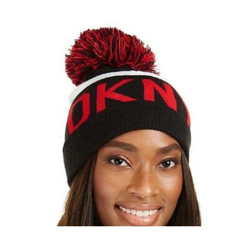DKNY Women's Logo Stadium Beanie With PomPom Red/black hat Warmer