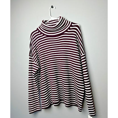 French Connection Striped Turtleneck Sweater Sz Large Evening Wine/White NWT