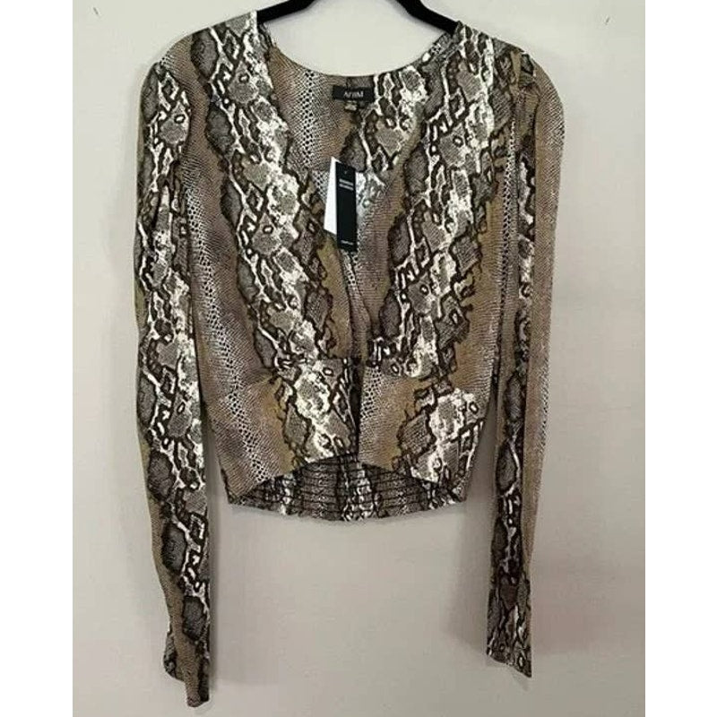 AFRM Top Women Extra Large/XL Snake Print NEW Crop Faux Wrap V-Neck Puff Sleeves