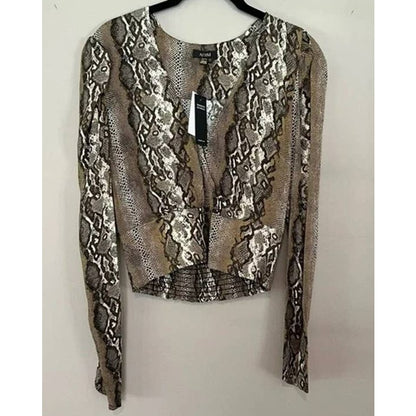 AFRM Top Women Extra Large/XL Snake Print NEW Crop Faux Wrap V-Neck Puff Sleeves