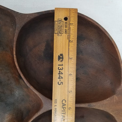 Large Vintage Monkey Pod Wood Leaf Shaped 3-Compartment Serving Tray Hawaiiana