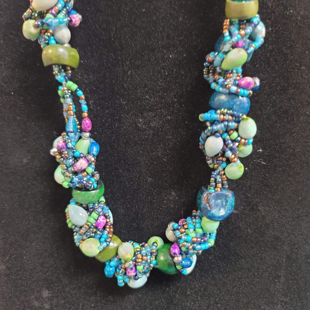 Vintage Cluster Funky Beaded Necklace Glass Wood Costume Jewelry Blue Green BOHO