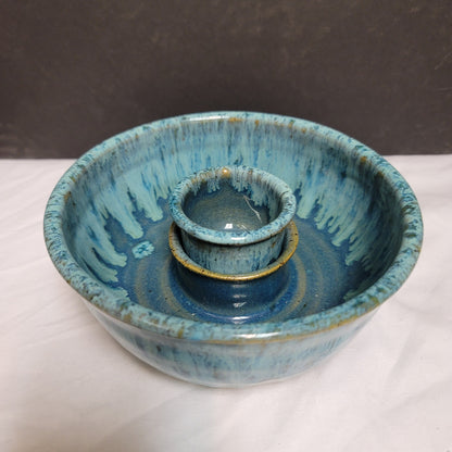 Vintage Blue Olive Serving Set Two Piece Ring Bowl with Sauce Cup Handmade