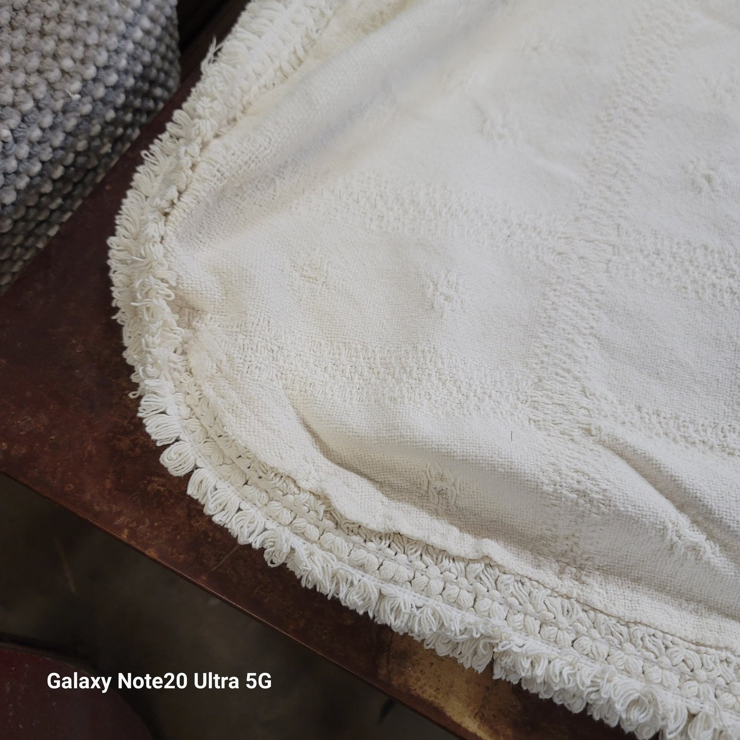 White coverlet blanket  Woven squares fringe white king or queen vintage texture