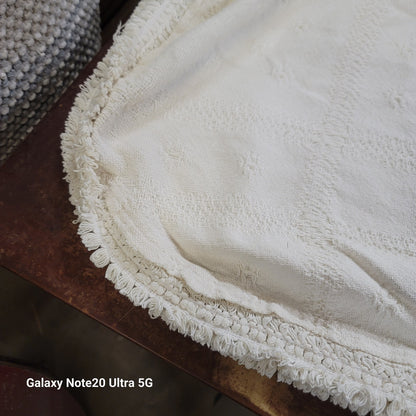White coverlet blanket  Woven squares fringe white king or queen vintage texture