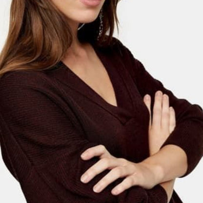 Topshop NWT Burgundy Wool V-Neck Ribbed Sweater US 4-6 Oversized Sweater SMALL