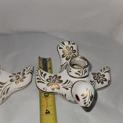 Paloma Doves Birds Candleholder Pair white gold Mexico Pottery folkart