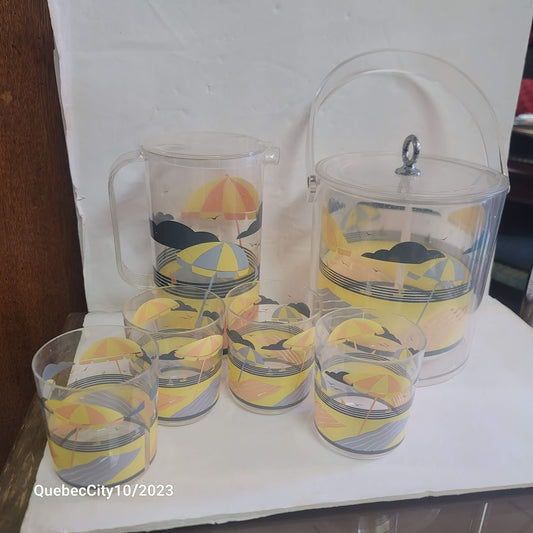 6 Pc. Vintage Acrylic Beach Coastal Drinkware Set Ice bucket pitcher 4 tumblers