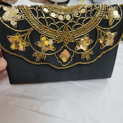 Vintage Soft Fabric Small Evening Bag Purse Shoulder Clutch Black Sequins Beaded