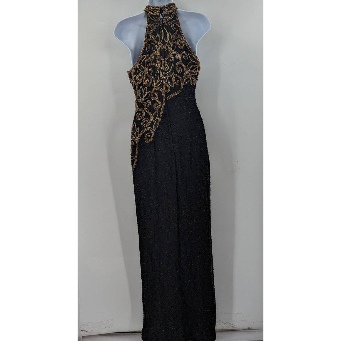 Michael Angelo Beaded Dress Black Gold Silk Sequin Gown Halter Sleeveless Small