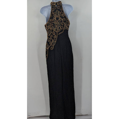 Michael Angelo Beaded Dress Black Gold Silk Sequin Gown Halter Sleeveless Small
