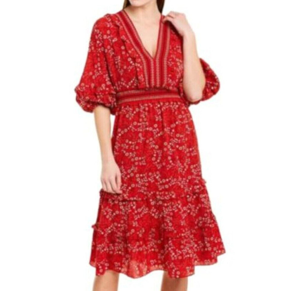 Max Studio Tiered Ruffle Midi Dress Cottage Liberty Sz Large Red Print NWT Boho