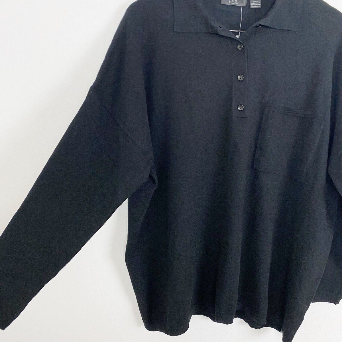 RDI Women Oversized Boyfriend Long Sleeve Polo Top Large Black NWT Recycled Yarn