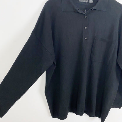 RDI Women Oversized Boyfriend Long Sleeve Polo Top Large Black NWT Recycled Yarn