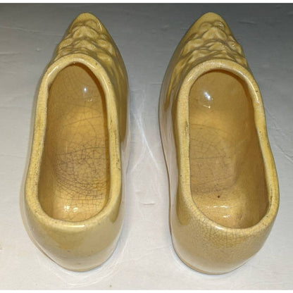 McCoy Mold Yellow Ceramic Clog Planters set 2 Dutch Shoes Cracked Glaze kitschy