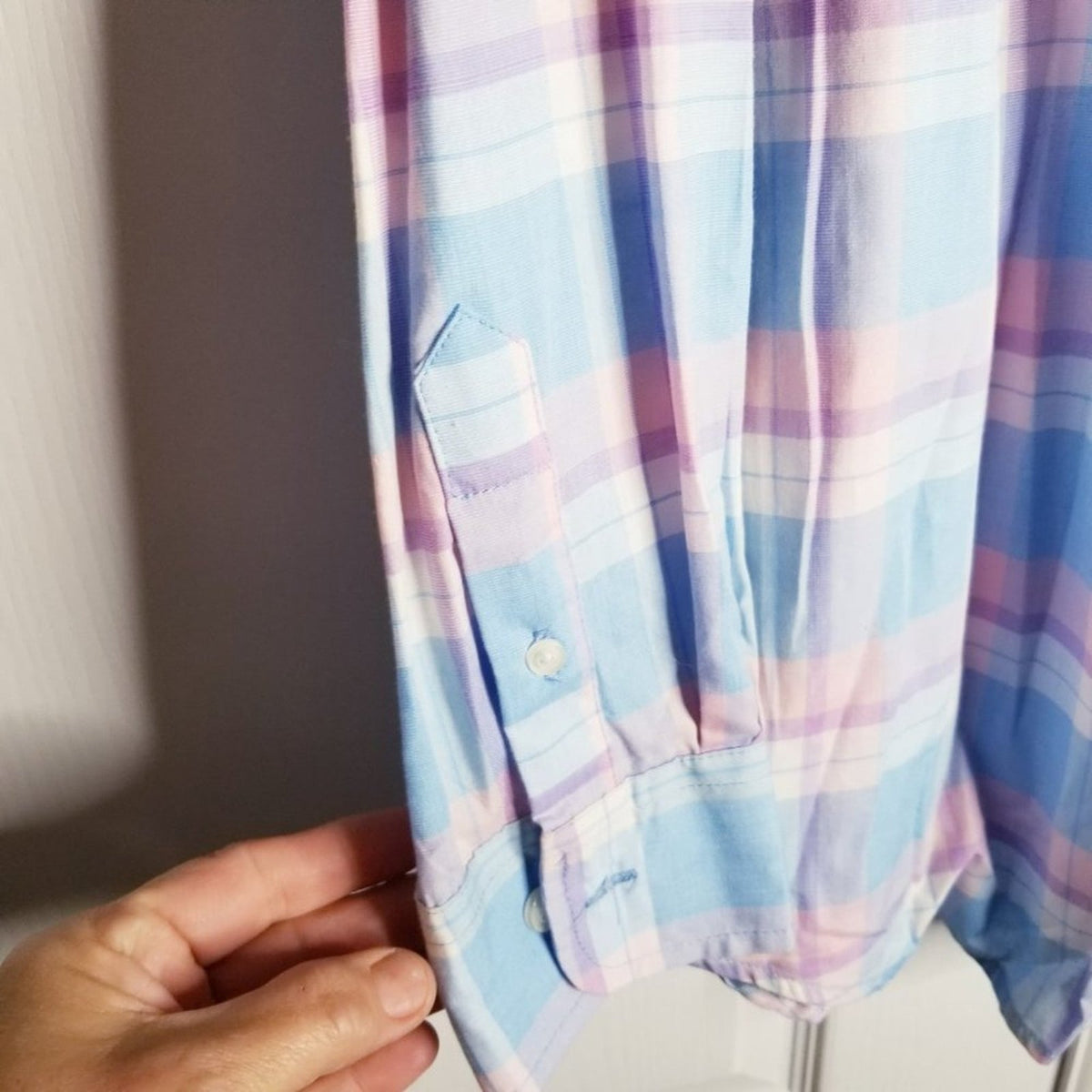 Saddlebred Button Dress Shirt Long Sleeve Collared Blue/White/Purple Plaid Large