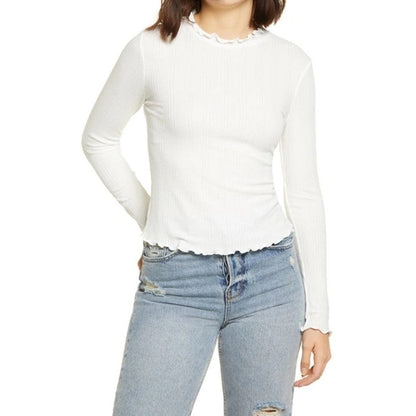 All in Favor Mock Neck Textured Rib Top Large Ivory NEW Lettuce Edge Long Sleeve
