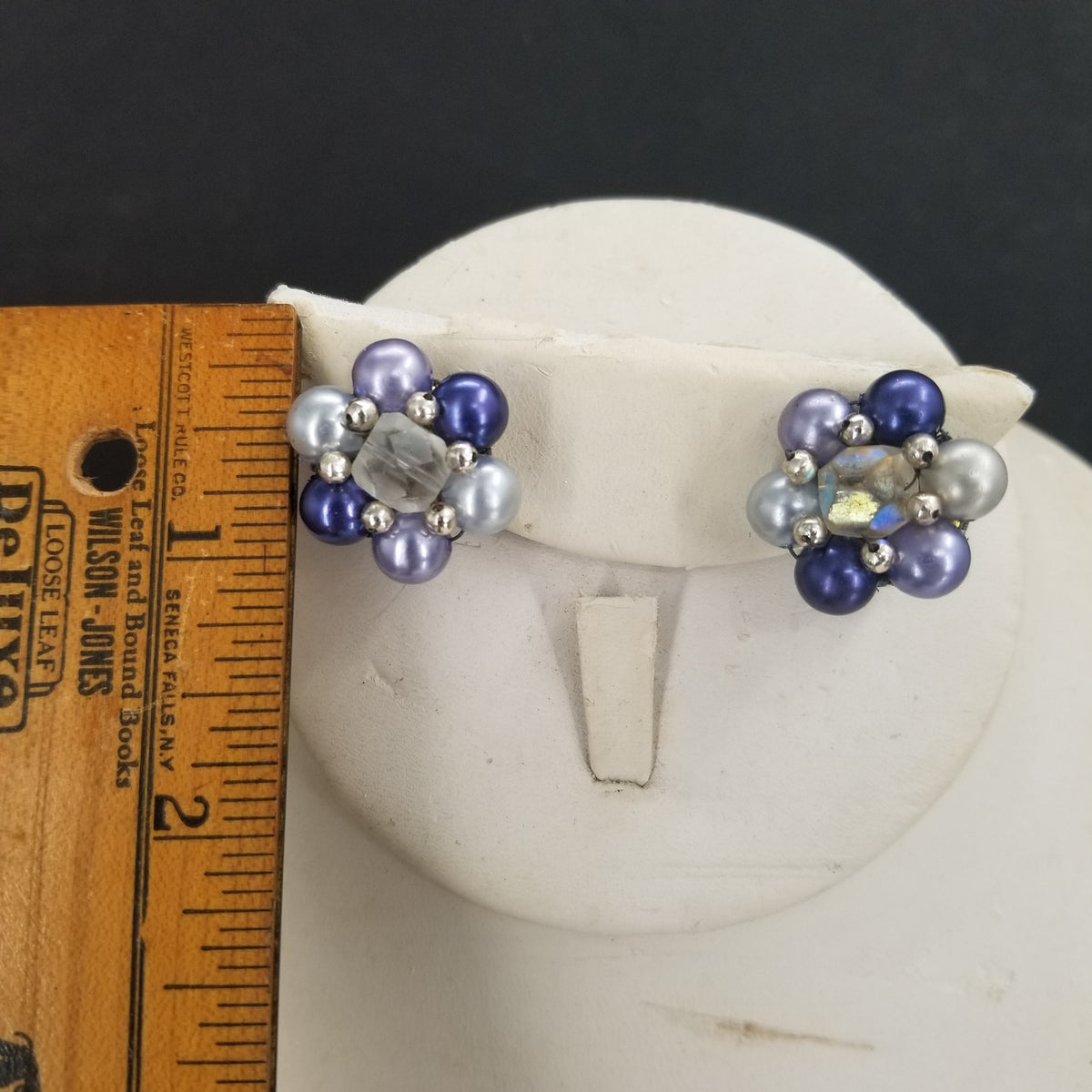 Vintage Earring Blue Tone Faux Pearl Clip On Rhinestone Earrings