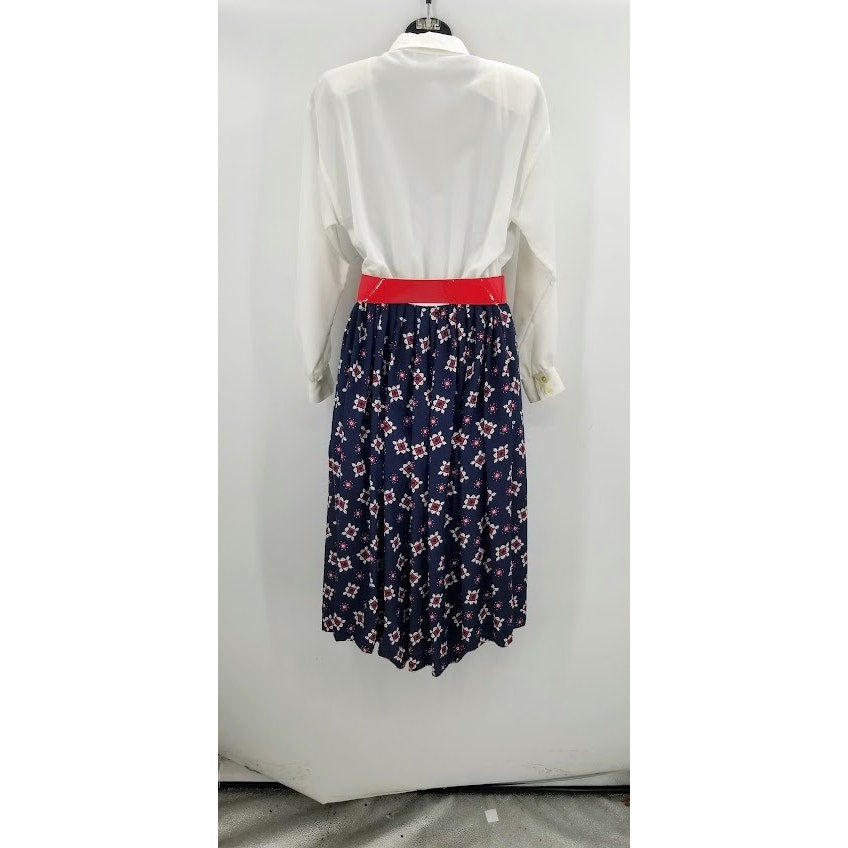 Vintage Leslie Fay Red White Blue Dress Long Sleeve Belted Size 8