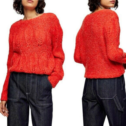 Topshop Womens 4/6 Orange Crop Chunky Cable Long Sleeve Fuzzy Sweater NEW