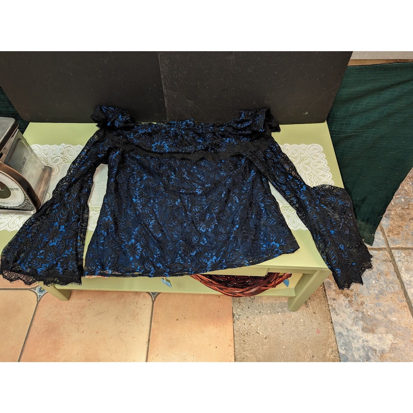 NWT White House Black Market Blue Lace Off the Shoulder Bell Sleeve Top Blouse