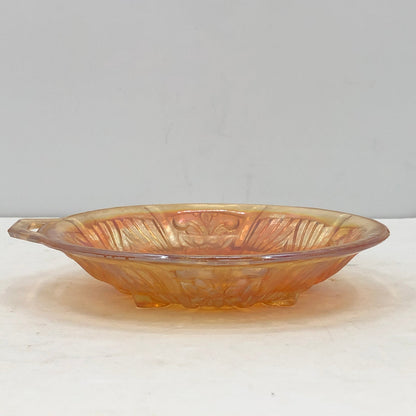 Vintage Iridescent Marigold Carnival Glass Divided Candy Nut Dish Open Handle
