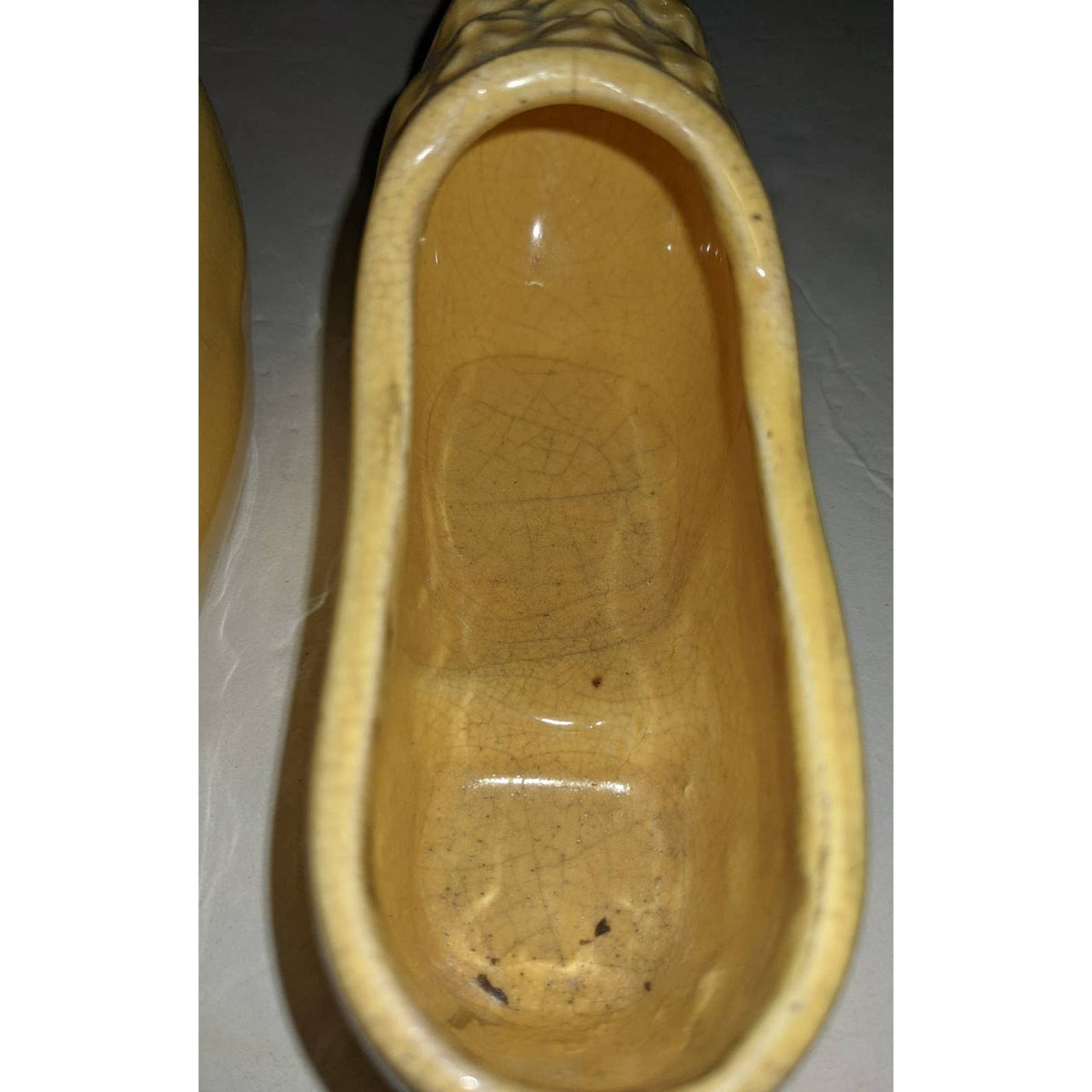 McCoy Mold Yellow Ceramic Clog Planters set 2 Dutch Shoes Cracked Glaze kitschy