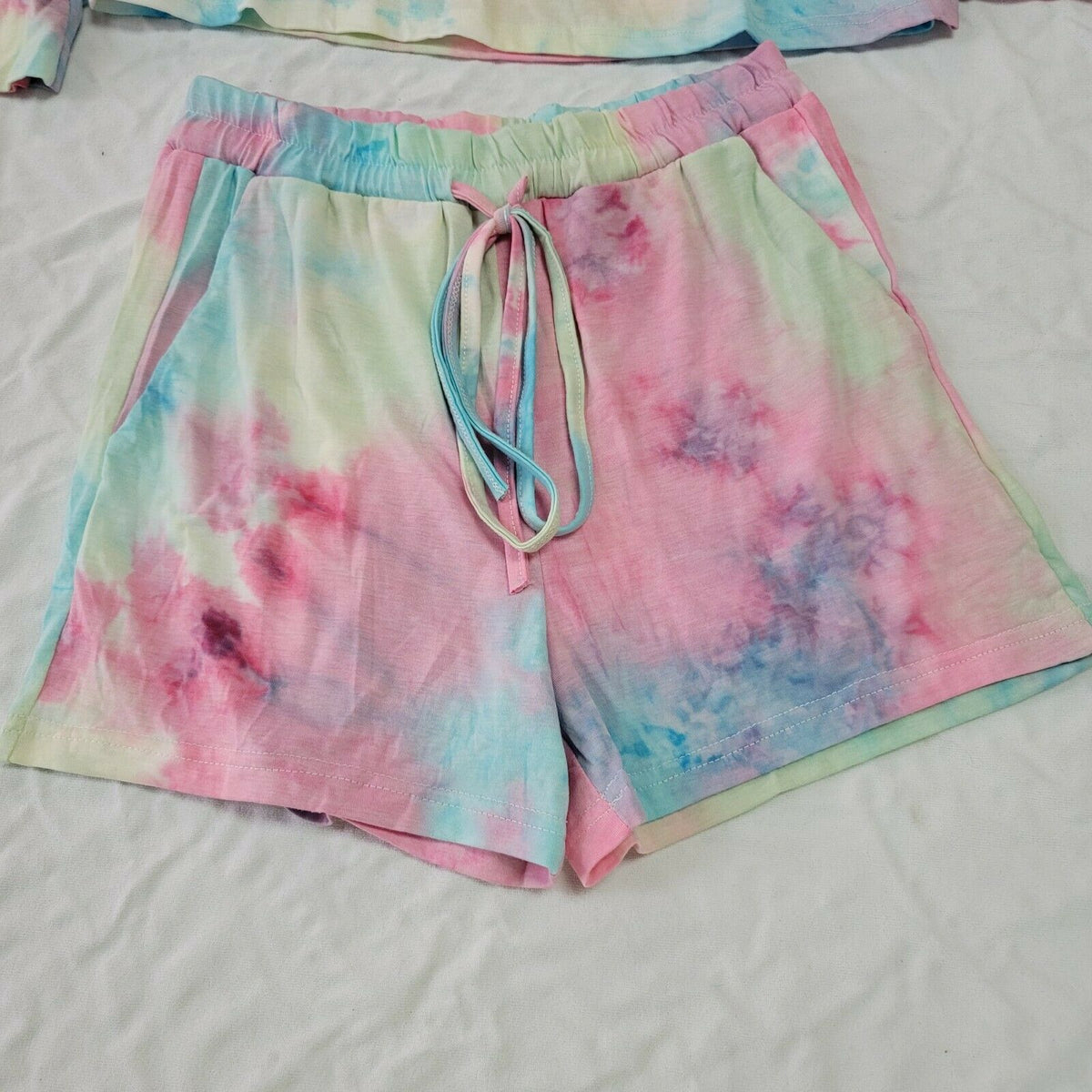 Adele B. Pastel Tie-Dye Long-Sleeve Tee & High Waist Drawstring Shorts Small NEW