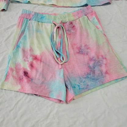 Adele B. Pastel Tie-Dye Long-Sleeve Tee & High Waist Drawstring Shorts Small NEW