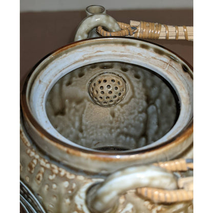 Vintage Japanese Drip Stoneware Teapot with Six Tea Bowl Chawan Ceremony Pottery