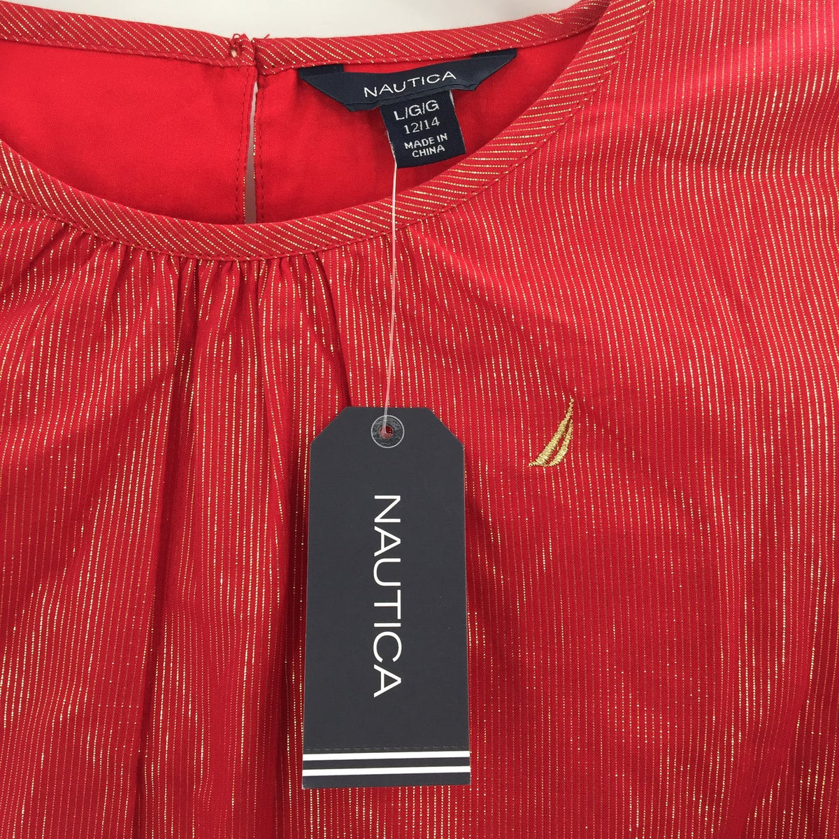 Nautica Red Gold Thread Bell Sleeve blouse Shirt Top 12/14 Large Girls