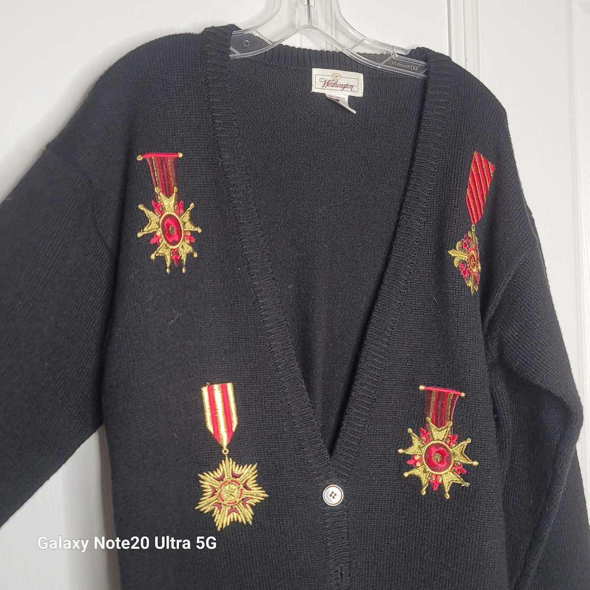 VTG. Worthington Large Sweater Cardigan button up Wool Blend Kitschy Metals BLUE
