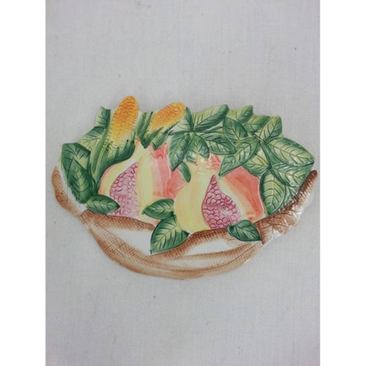 Vintage Trivet made in Italy Pomegranate and corn in Basket Porcelain 11x6