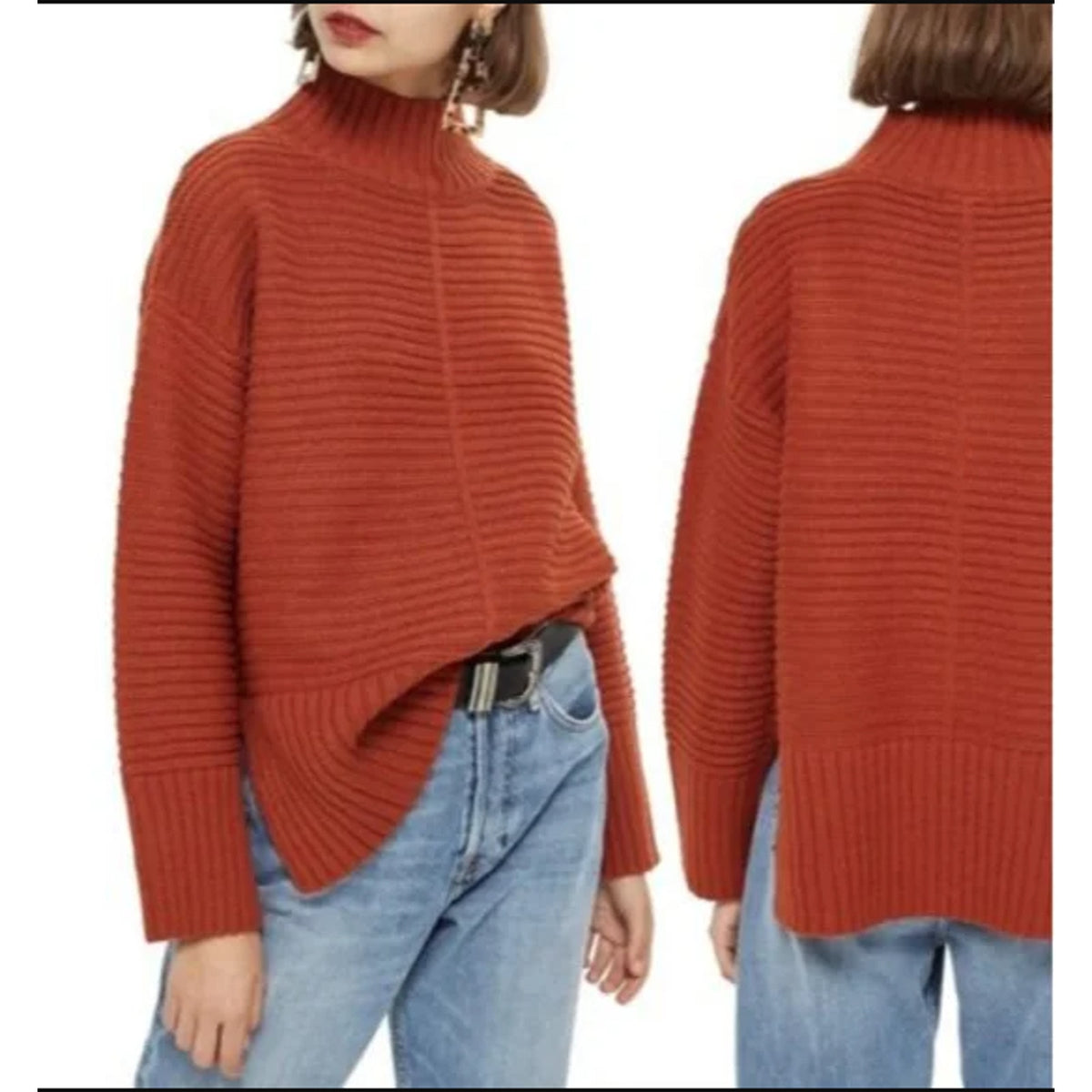 Topshop Womens Ribbed Sweater Pullover Sz 4 Orange Long Sleeves Mock Neck NEW