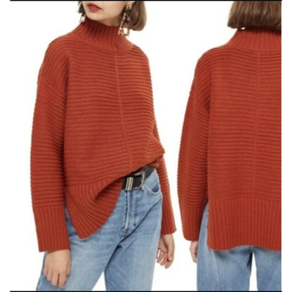 Topshop Womens Ribbed Sweater Pullover Sz 4 Orange Long Sleeves Mock Neck NEW