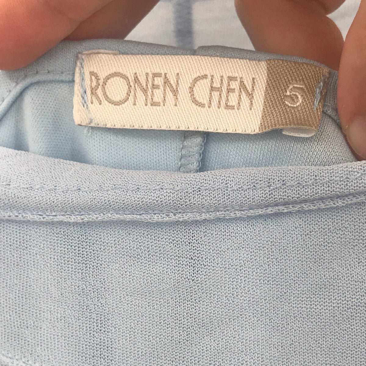 Ronen Chen 3/4 Sleeve Sheer Blouse Top Boat Neck Straight Hem Blue Size 5 US 14