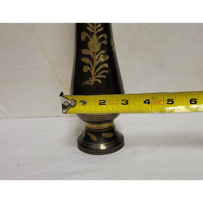 Vintage Indian Brass Metal Fluted Footed Vase Black Patina Etched Floral Pattern