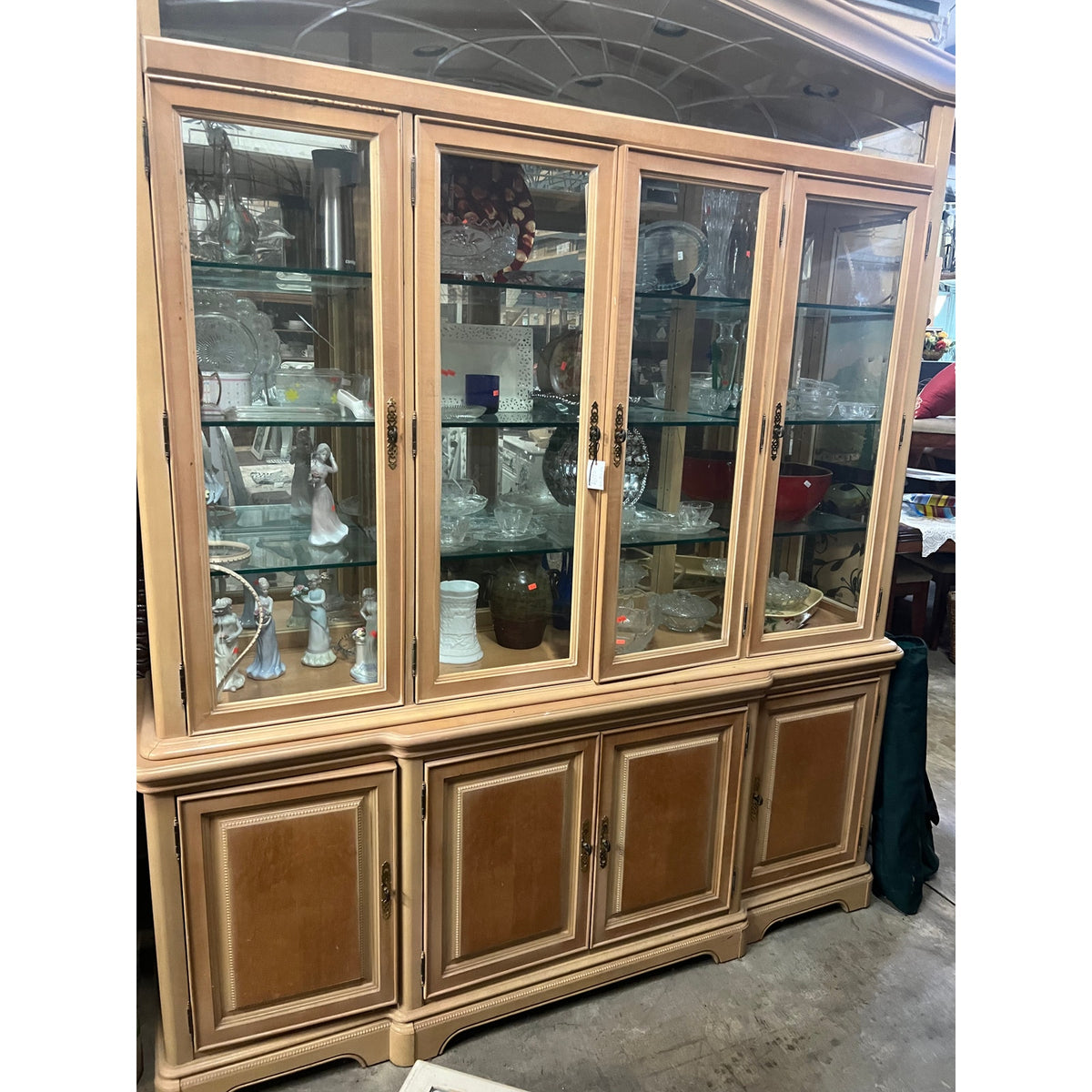 Secondhand Sandies 1980s blond wood China Cabinet LARGE 2 piece bottom top lighted light and dark wood
