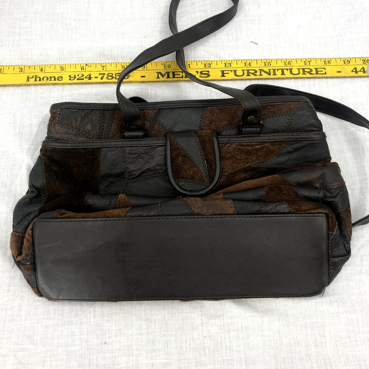Vintage 1980s Top Handle Brown Leather Patchwork Purse Multi Compartment Handbag