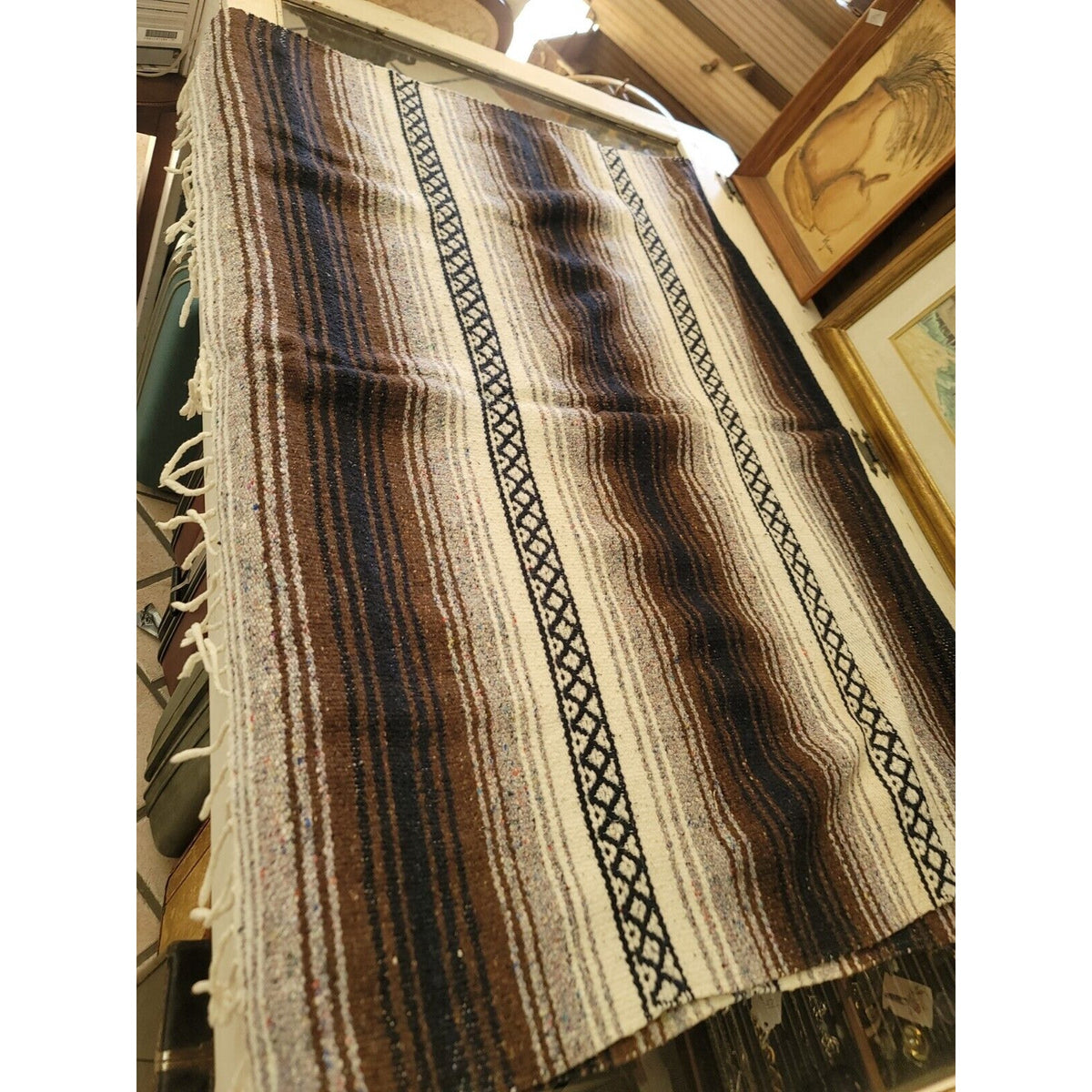 Vtg Brown Neutral Mexican Serape Cotton 77.5 x 47 in Striped Blanket with fringe