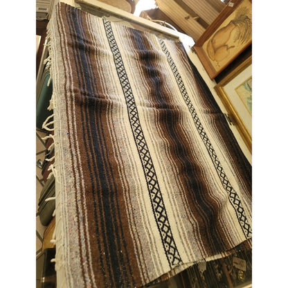 Vtg Brown Neutral Mexican Serape Cotton 77.5 x 47 in Striped Blanket with fringe