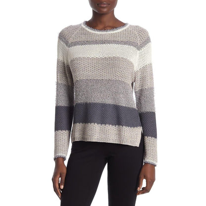 CENY NWT Oatmeal Gray Stripe Open Knit Sweater Size Large