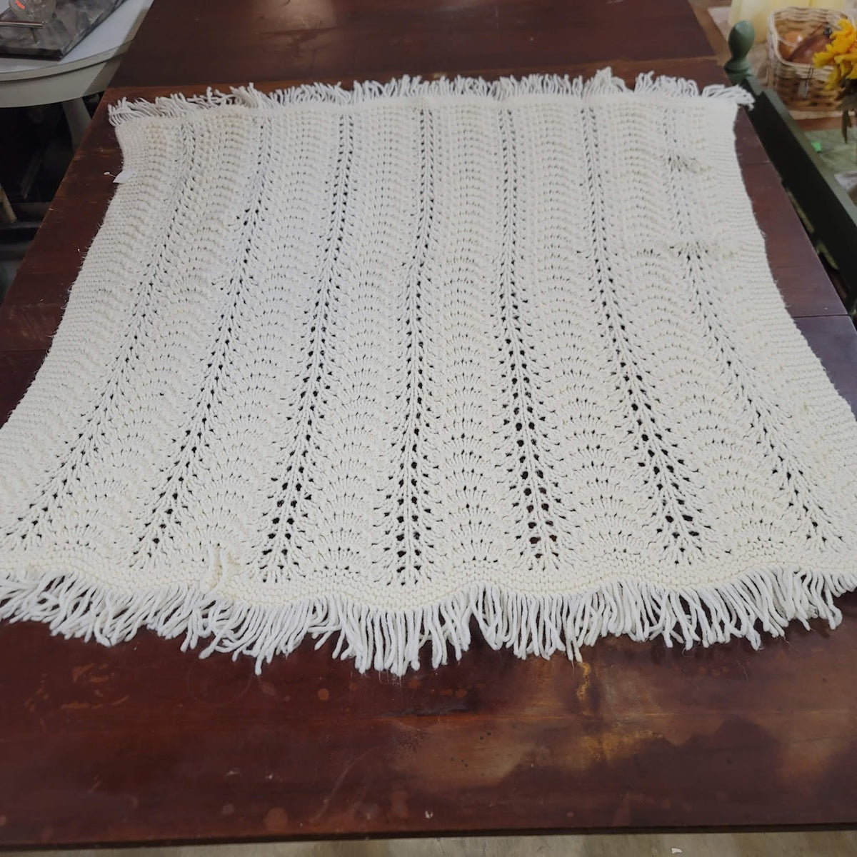 Handmade Crochet blanket throw fringe white baby blanket 40" x 40"