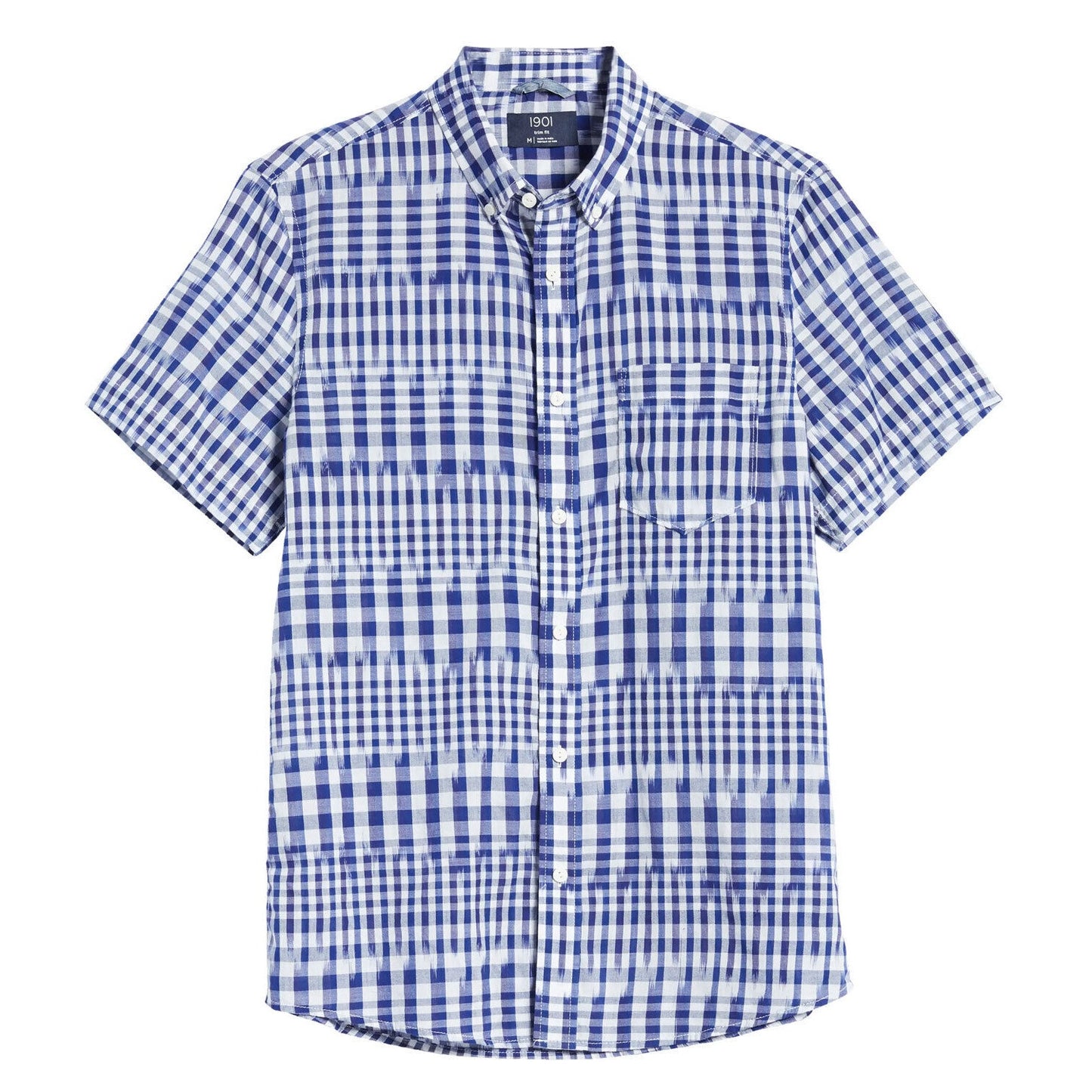 1901 Trim Fit Button Down Short Sleeve Shirt Sz Small White Blue Kat Plaid NWT